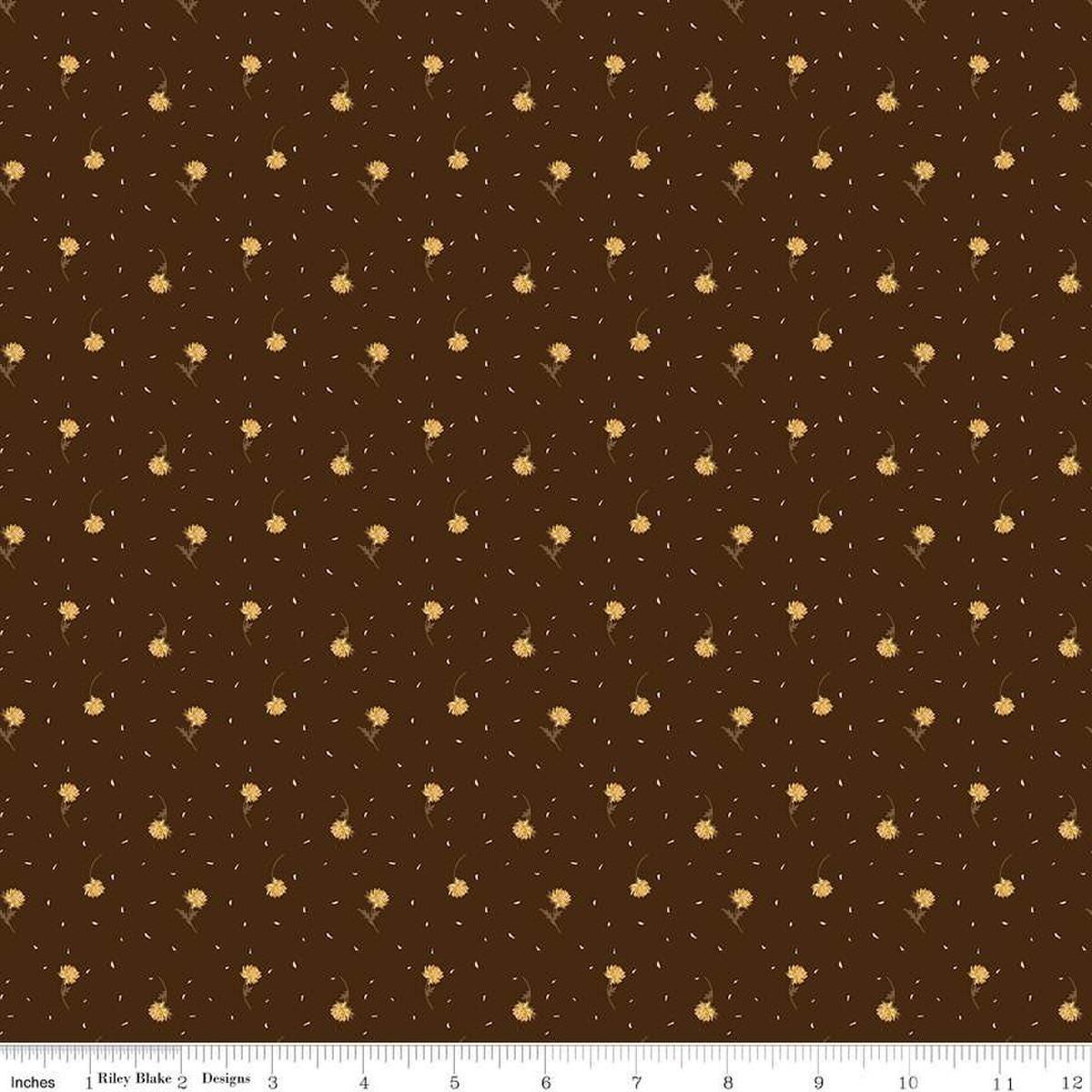 Image of the Awe of Autumn Flower Toss Brown quilting cotton fabric by Riley Blake Designs. Features flowers on a brown background. Cute Little Fabric Shop