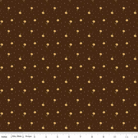 Image of the Awe of Autumn Flower Toss Brown quilting cotton fabric by Riley Blake Designs. Features flowers on a brown background. Cute Little Fabric Shop