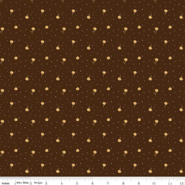 Image of the Awe of Autumn Flower Toss Brown quilting cotton fabric by Riley Blake Designs. Features flowers on a brown background. Cute Little Fabric Shop