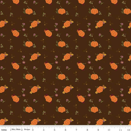 Image of the Awe of Autumn Pumpkins Brown quilting cotton fabric by Riley Blake Designs. Features pumpkins on a brown background. Cute Little Fabric Shop