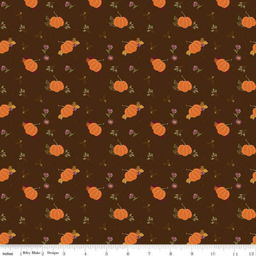 Image of the Awe of Autumn Pumpkins Brown quilting cotton fabric by Riley Blake Designs. Features pumpkins on a brown background. Cute Little Fabric Shop