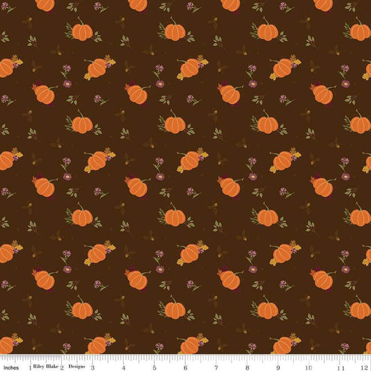 Image of the Awe of Autumn Pumpkins Brown quilting cotton fabric by Riley Blake Designs. Features pumpkins on a brown background. Cute Little Fabric Shop