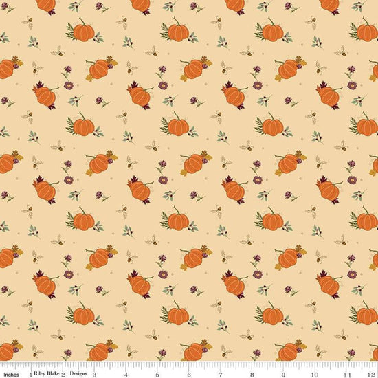 Image of the Awe of Autumn Pumpkins Latte quilting cotton fabric by Riley Blake Designs. Features pumpkins on a beige background. Cute Little Fabric Shop
