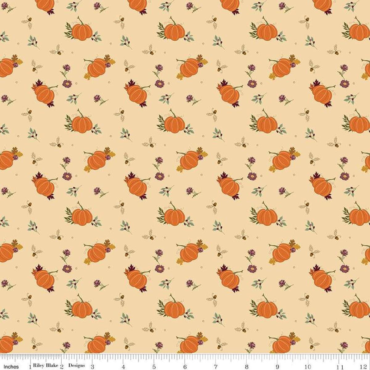 Image of the Awe of Autumn Pumpkins Latte quilting cotton fabric by Riley Blake Designs. Features pumpkins on a beige background. Cute Little Fabric Shop