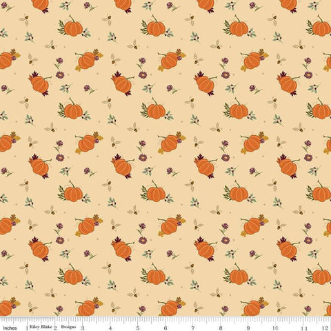 Image of the Awe of Autumn Pumpkins Latte quilting cotton fabric by Riley Blake Designs. Features pumpkins on a beige background. Cute Little Fabric Shop