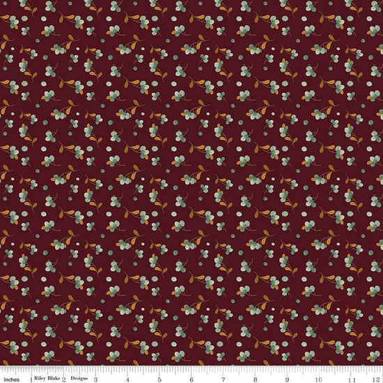Image of the Awe of Autumn Bittersweet Mahogany quilting cotton fabric by Riley Blake Designs. Features berries on a purple background. Cute Little Fabric Shop
