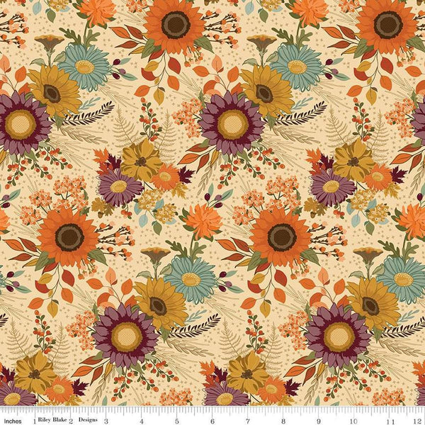 Image of the Awe of Autumn Main Latte quilting cotton fabric by Riley Blake Designs. Features flowers on a beige background. Cute Little Fabric Shop