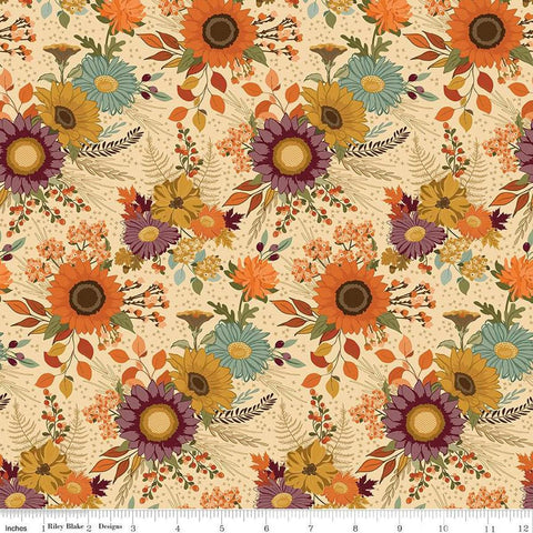 Image of the Awe of Autumn Main Latte quilting cotton fabric by Riley Blake Designs. Features flowers on a beige background. Cute Little Fabric Shop