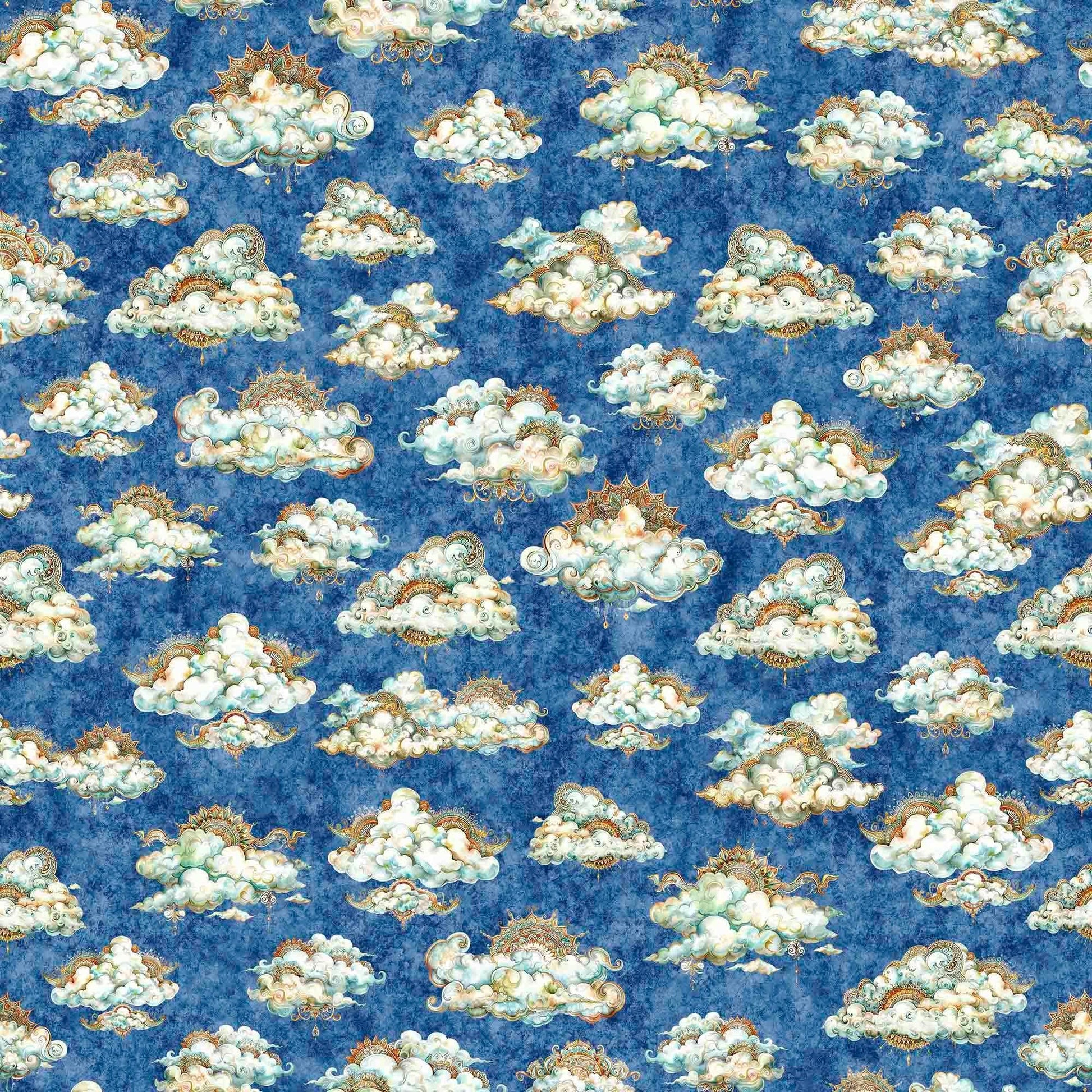 Image of the Bohemian Sunrise Clouds Blue quilting cotton fabric by QT fabrics. Features clouds on a blue background. Cute Little Fabric Shop