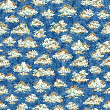 Image of the Bohemian Sunrise Clouds Blue quilting cotton fabric by QT fabrics. Features clouds on a blue background. Cute Little Fabric Shop