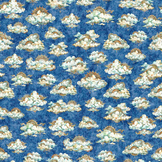 Image of the Bohemian Sunrise Clouds Blue quilting cotton fabric by QT fabrics. Features clouds on a blue background. Cute Little Fabric Shop