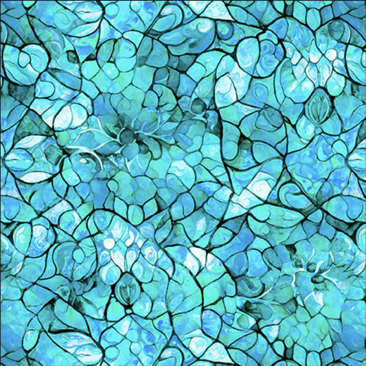Image of the Bohemian Sunrise Celestial Blender Turquoise quilting cotton fabric by QT fabrics. Features geometric glass on a blue background. Cute Little Fabric Shop