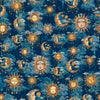 Image of the Bohemian Sunrise Celestial Sky Dark Blue quilting cotton fabric by QT fabrics. Features celestial icons on a blue background. Cute Little Fabric Shop