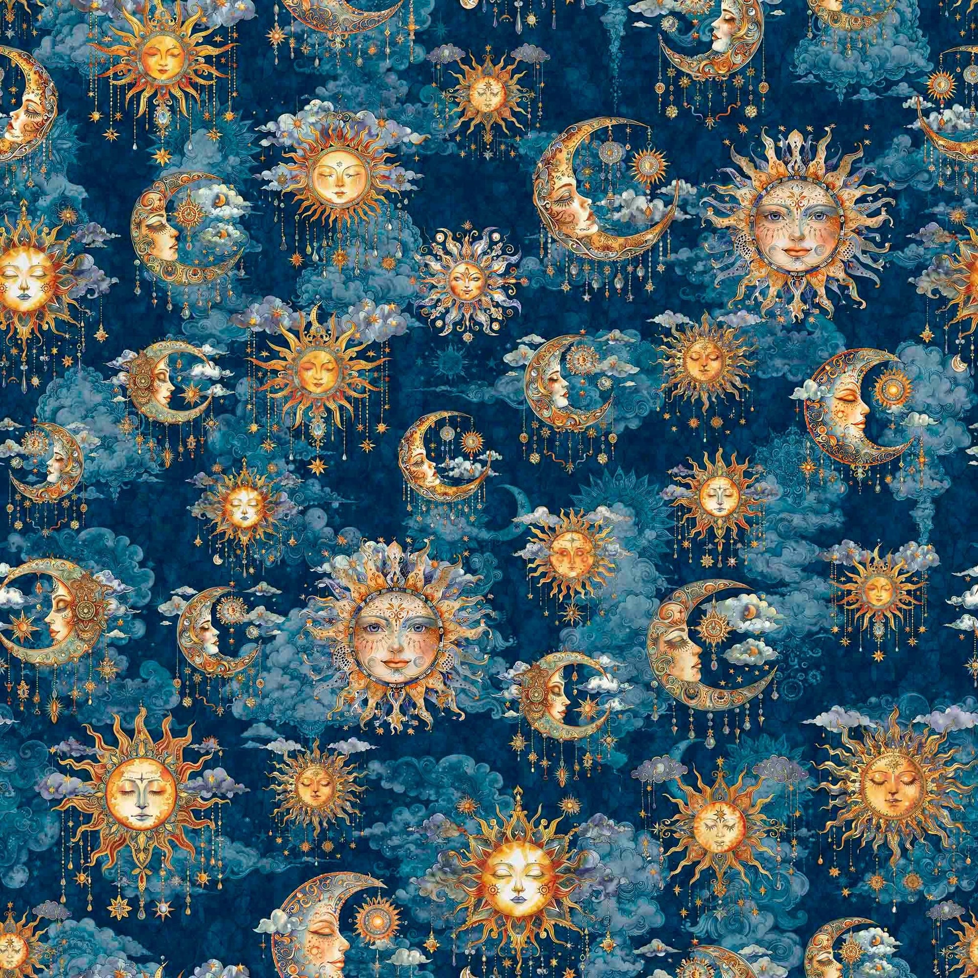 Image of the Bohemian Sunrise Celestial Sky Dark Blue quilting cotton fabric by QT fabrics. Features celestial icons on a blue background. Cute Little Fabric Shop