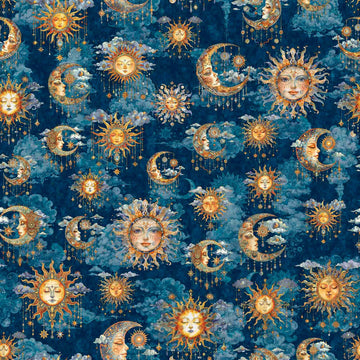 Image of the Bohemian Sunrise Celestial Sky Dark Blue quilting cotton fabric by QT fabrics. Features celestial icons on a blue background. Cute Little Fabric Shop