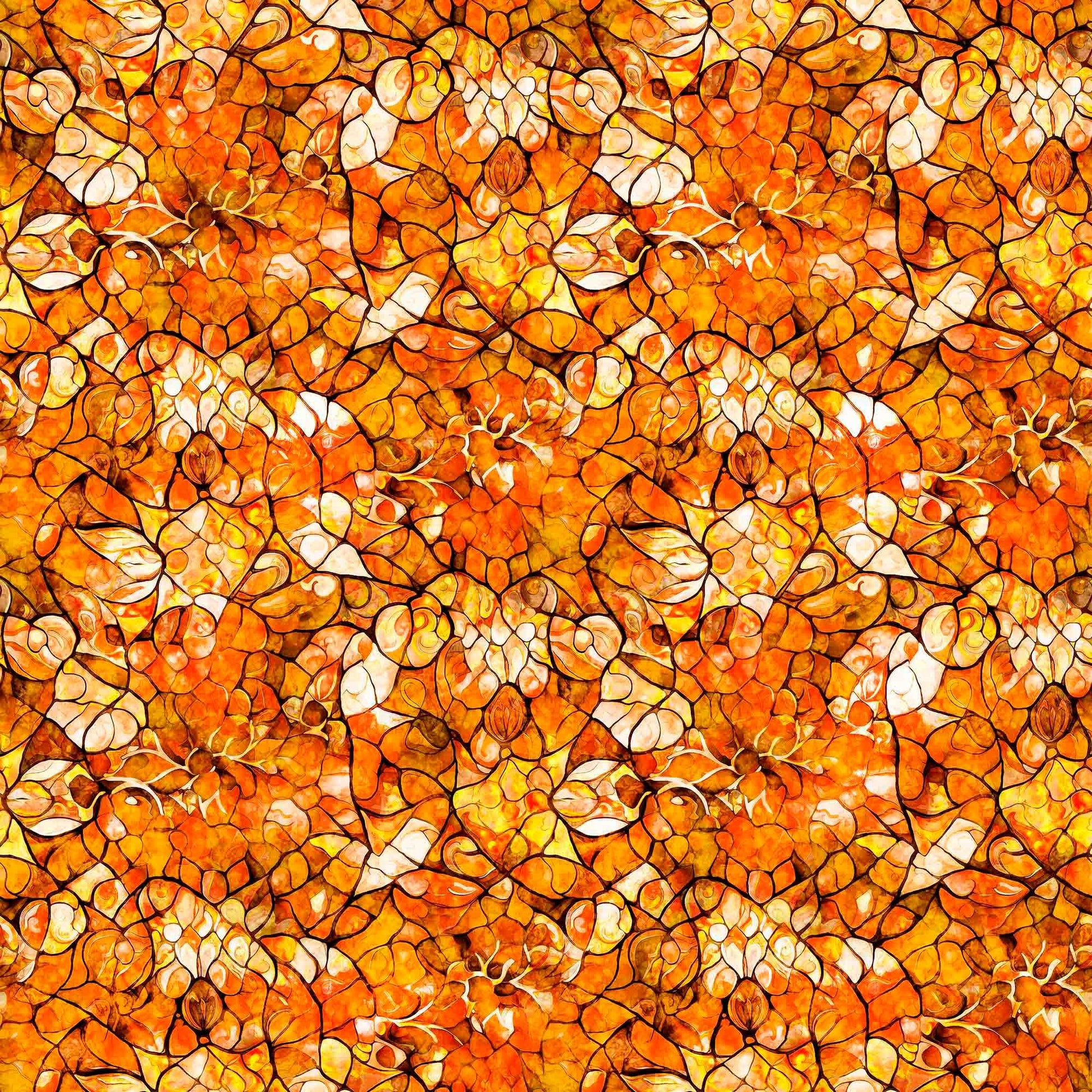 Image of the Bohemian Sunrise Celestial Blender Orange quilting cotton fabric by QT fabrics. Features geometric glass on an orange background. Cute Little Fabric Shop