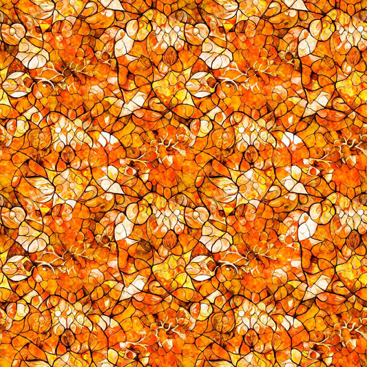 Image of the Bohemian Sunrise Celestial Blender Orange quilting cotton fabric by QT fabrics. Features geometric glass on an orange background. Cute Little Fabric Shop