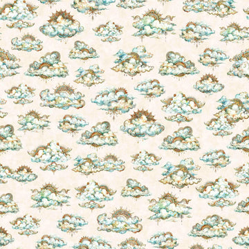 Image of the Bohemian Sunrise Clouds Cream quilting cotton fabric by QT fabrics. Features clouds on a cream background. Cute Little Fabric Shop