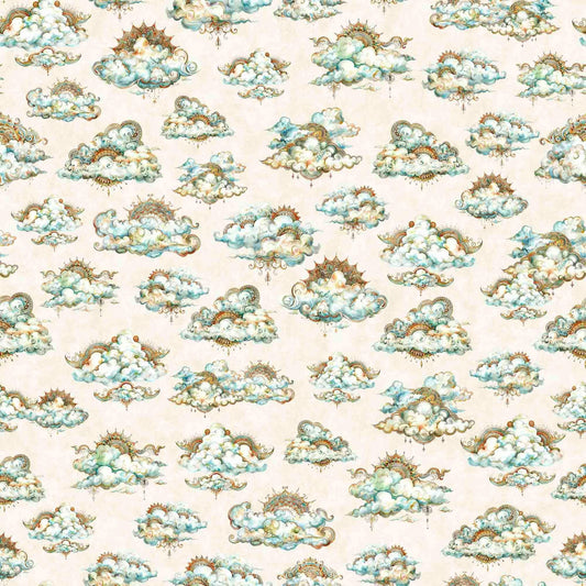 Image of the Bohemian Sunrise Clouds Cream quilting cotton fabric by QT fabrics. Features clouds on a cream background. Cute Little Fabric Shop
