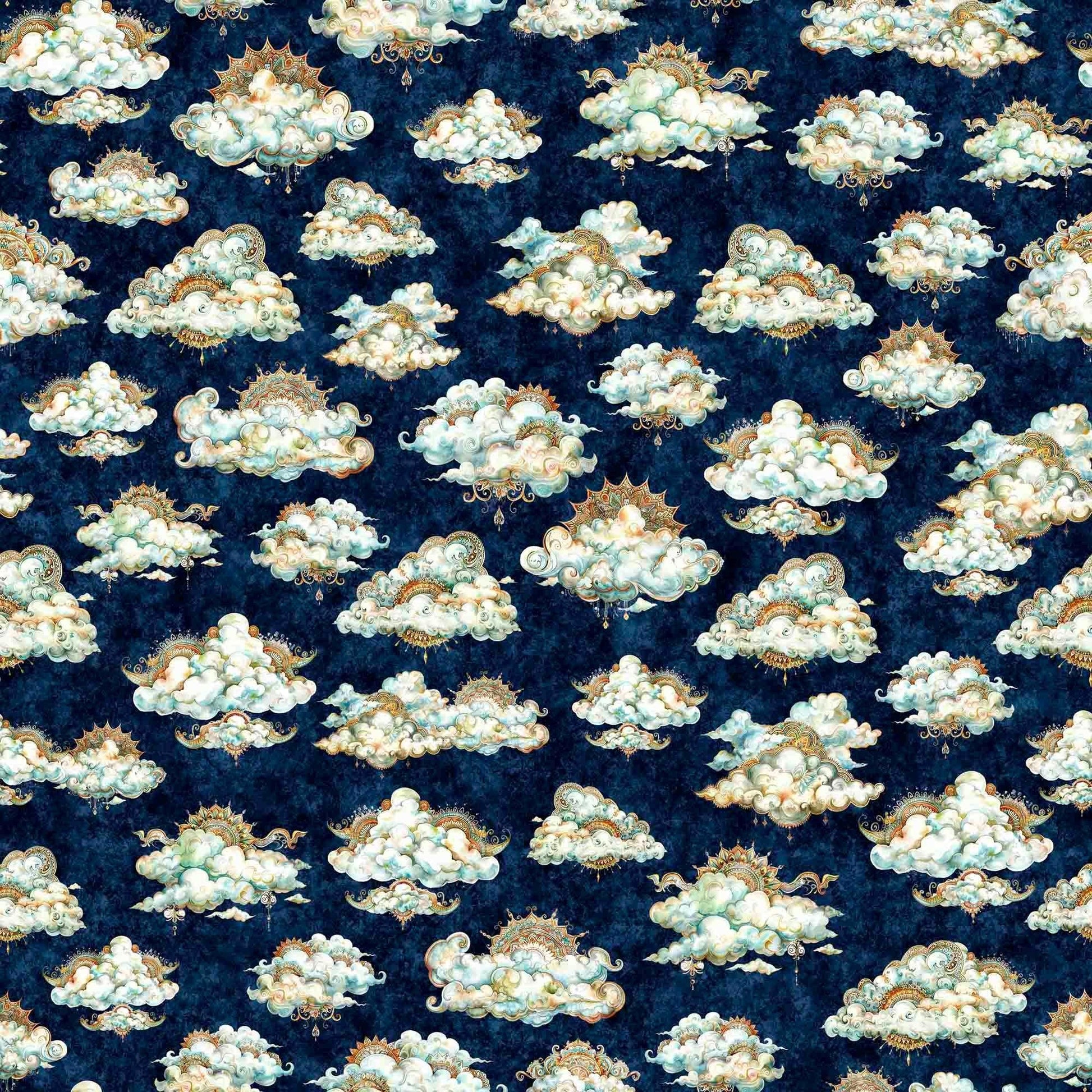 Image of the Bohemian Sunrise Clouds Navy quilting cotton fabric by QT fabrics. Features clouds on a blue background. Cute Little Fabric Shop