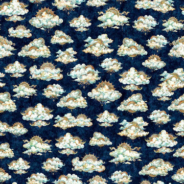 Image of the Bohemian Sunrise Clouds Navy quilting cotton fabric by QT fabrics. Features clouds on a blue background. Cute Little Fabric Shop