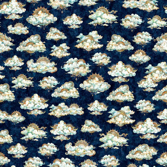 Image of the Bohemian Sunrise Clouds Navy quilting cotton fabric by QT fabrics. Features clouds on a blue background. Cute Little Fabric Shop