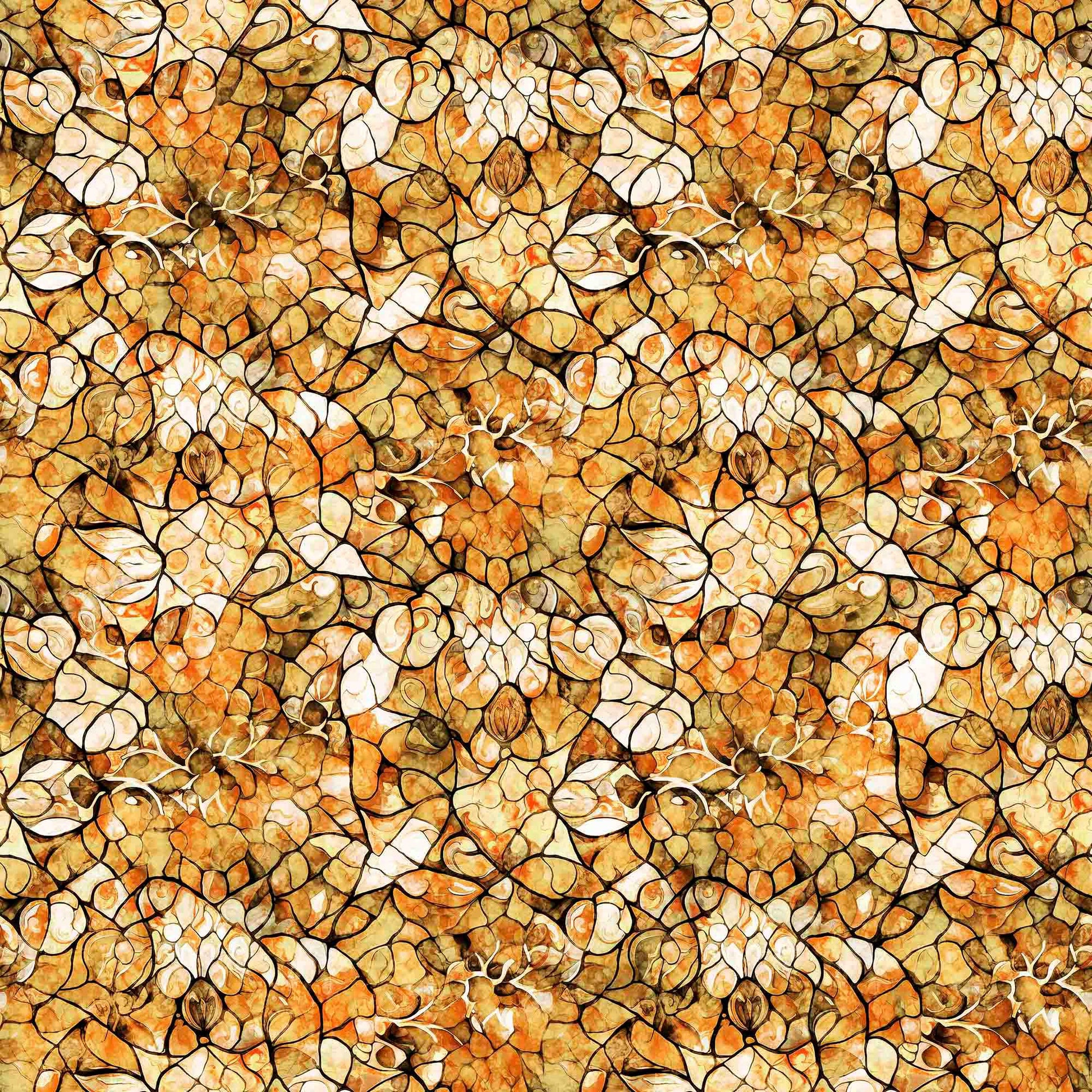 Image of the Bohemian Sunrise Celestial Blender Brown quilting cotton fabric by QT fabrics. Features geometric glass on a brown background. Cute Little Fabric Shop