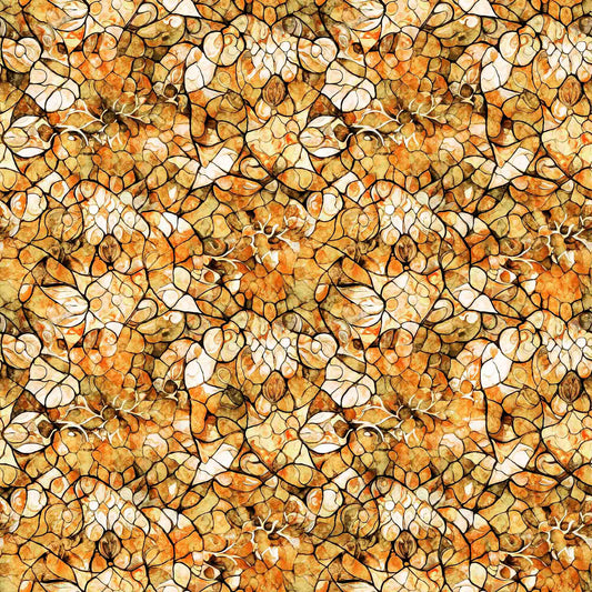 Image of the Bohemian Sunrise Celestial Blender Brown quilting cotton fabric by QT fabrics. Features geometric glass on a brown background. Cute Little Fabric Shop