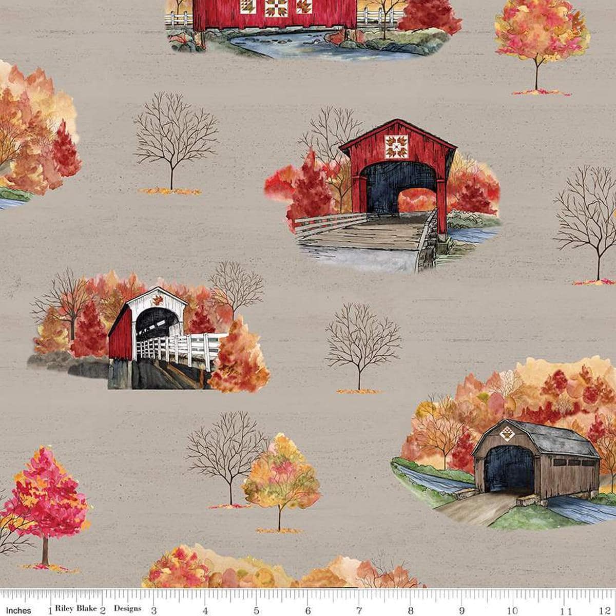 Image of the Covered Bridges in Fall Main Tan quilting cotton fabric by Riley Blake Designs. Features bridges on a brown background. Cute Little Fabric Shop