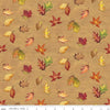 Image of the Covered Bridges in Fall Leaf Toss Gold quilting cotton fabric by Riley Blake Designs. Features leaves on a gold background. Cute Little Fabric Shop