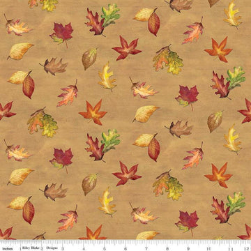 Image of the Covered Bridges in Fall Leaf Toss Gold quilting cotton fabric by Riley Blake Designs. Features leaves on a gold background. Cute Little Fabric Shop