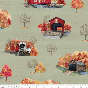 Image of the Covered Bridges in Fall Main Sage quilting cotton fabric by Riley Blake Designs. Features bridges on a green background. Cute Little Fabric Shop