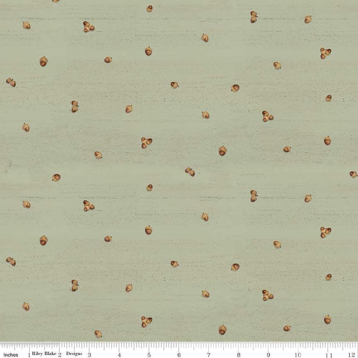 Image of the Covered Bridges in Fall Acorn Ditsy Sage quilting cotton fabric by Riley Blake Designs. Features lines on a green background. Cute Little Fabric Shop