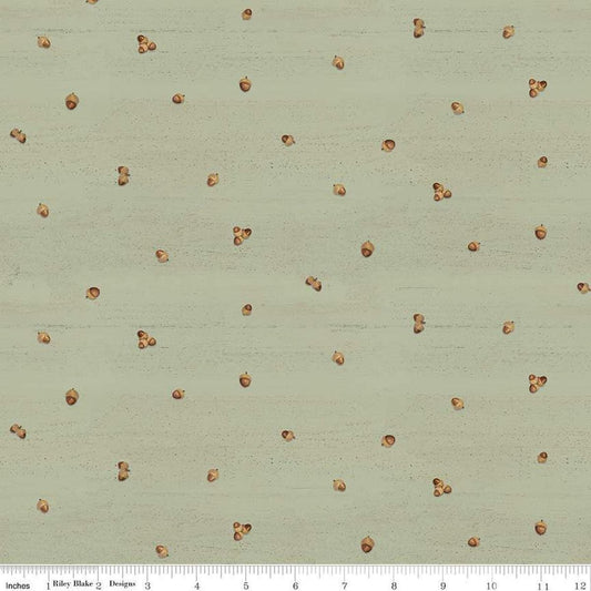 Image of the Covered Bridges in Fall Acorn Ditsy Sage quilting cotton fabric by Riley Blake Designs. Features lines on a green background. Cute Little Fabric Shop