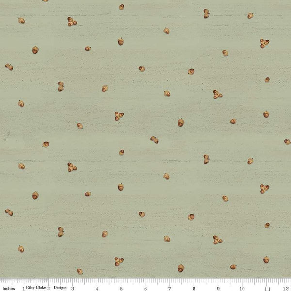 Image of the Covered Bridges in Fall Acorn Ditsy Sage quilting cotton fabric by Riley Blake Designs. Features lines on a green background. Cute Little Fabric Shop