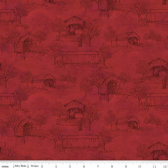 Image of the Covered Bridges in Fall Toile Red quilting cotton fabric by Riley Blake Designs. Features bridges on a red background. Cute Little Fabric Shop