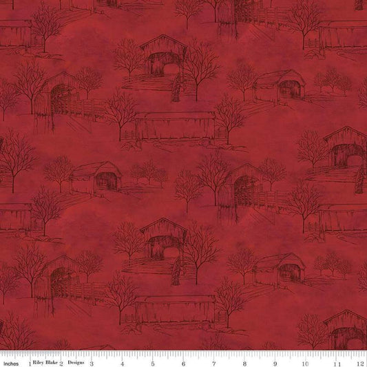 Image of the Covered Bridges in Fall Toile Red quilting cotton fabric by Riley Blake Designs. Features bridges on a red background. Cute Little Fabric Shop