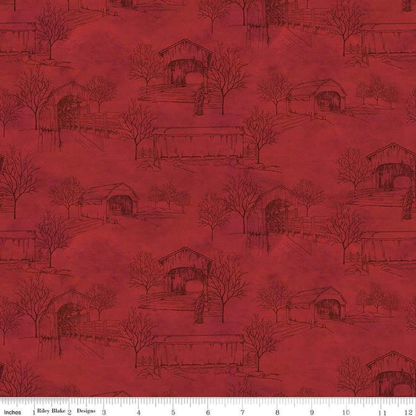 Image of the Covered Bridges in Fall Toile Red quilting cotton fabric by Riley Blake Designs. Features bridges on a red background. Cute Little Fabric Shop