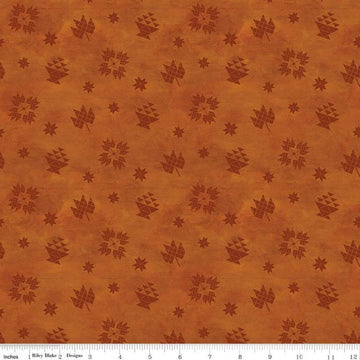 Image of the Covered Bridges in Fall Block Toss Orange quilting cotton fabric by Riley Blake Designs. Features blocks on an orange background. Cute Little Fabric Shop