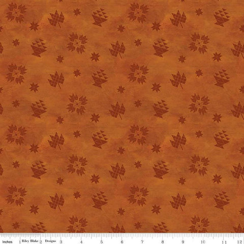 Image of the Covered Bridges in Fall Block Toss Orange quilting cotton fabric by Riley Blake Designs. Features blocks on an orange background. Cute Little Fabric Shop
