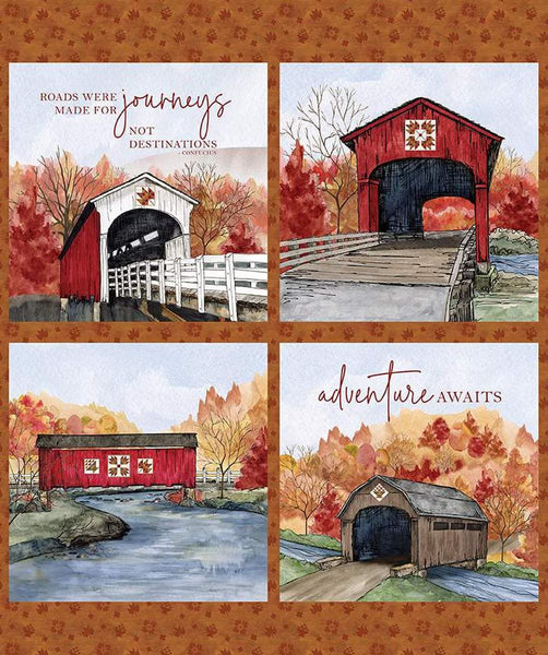SALE Covered Bridges in Fall Pillow Panel by Riley Blake Designs - Scenery Landscape Barn Quilt - Quilting Cotton Fabric