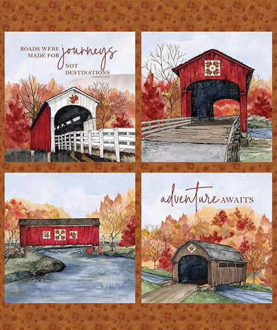 SALE Covered Bridges in Fall Pillow Panel by Riley Blake Designs - Scenery Landscape Barn Quilt - Quilting Cotton Fabric