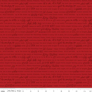 Image of the Charming Christmas Words Red quilting cotton fabric by Riley Blake Designs. Features words on a red background. Cute Little Fabric Shop