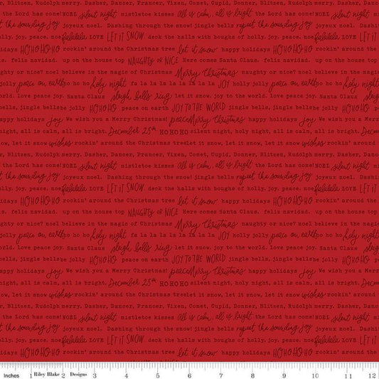 Image of the Charming Christmas Words Red quilting cotton fabric by Riley Blake Designs. Features words on a red background. Cute Little Fabric Shop