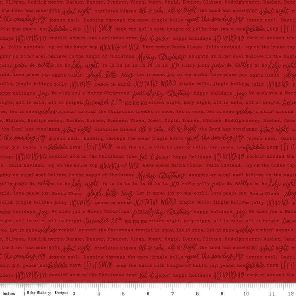 Image of the Charming Christmas Words Red quilting cotton fabric by Riley Blake Designs. Features words on a red background. Cute Little Fabric Shop