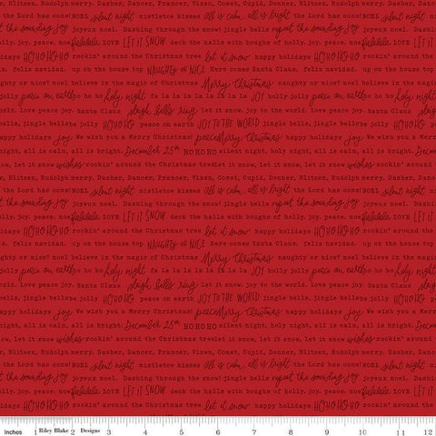 Image of the Charming Christmas Words Red quilting cotton fabric by Riley Blake Designs. Features words on a red background. Cute Little Fabric Shop