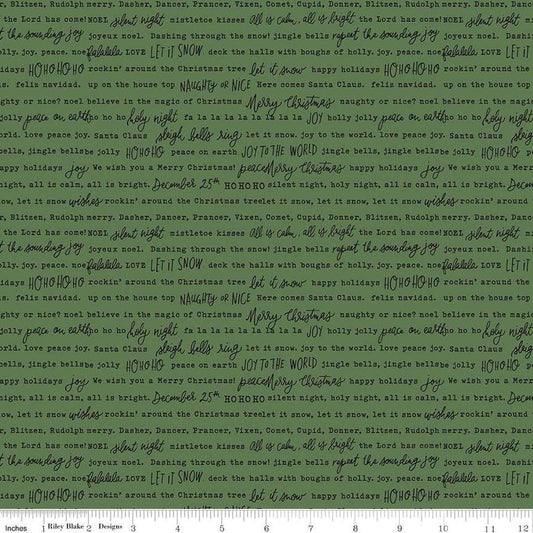 Image of the Charming Christmas Words Green quilting cotton fabric by Riley Blake Designs. Features words on a green background. Cute Little Fabric Shop