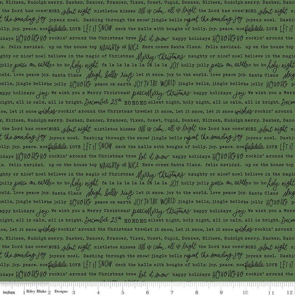 Image of the Charming Christmas Words Green quilting cotton fabric by Riley Blake Designs. Features words on a green background. Cute Little Fabric Shop