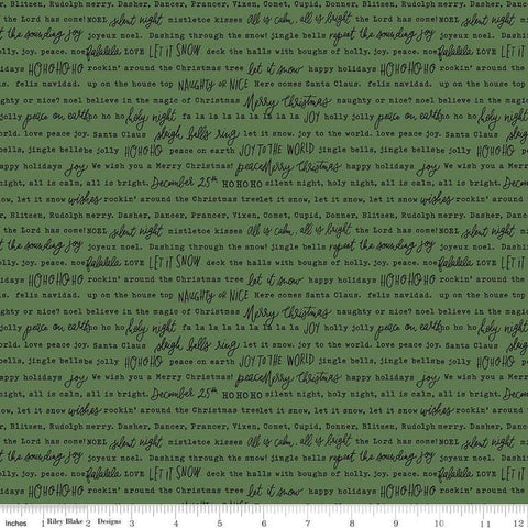 Image of the Charming Christmas Words Green quilting cotton fabric by Riley Blake Designs. Features words on a green background. Cute Little Fabric Shop
