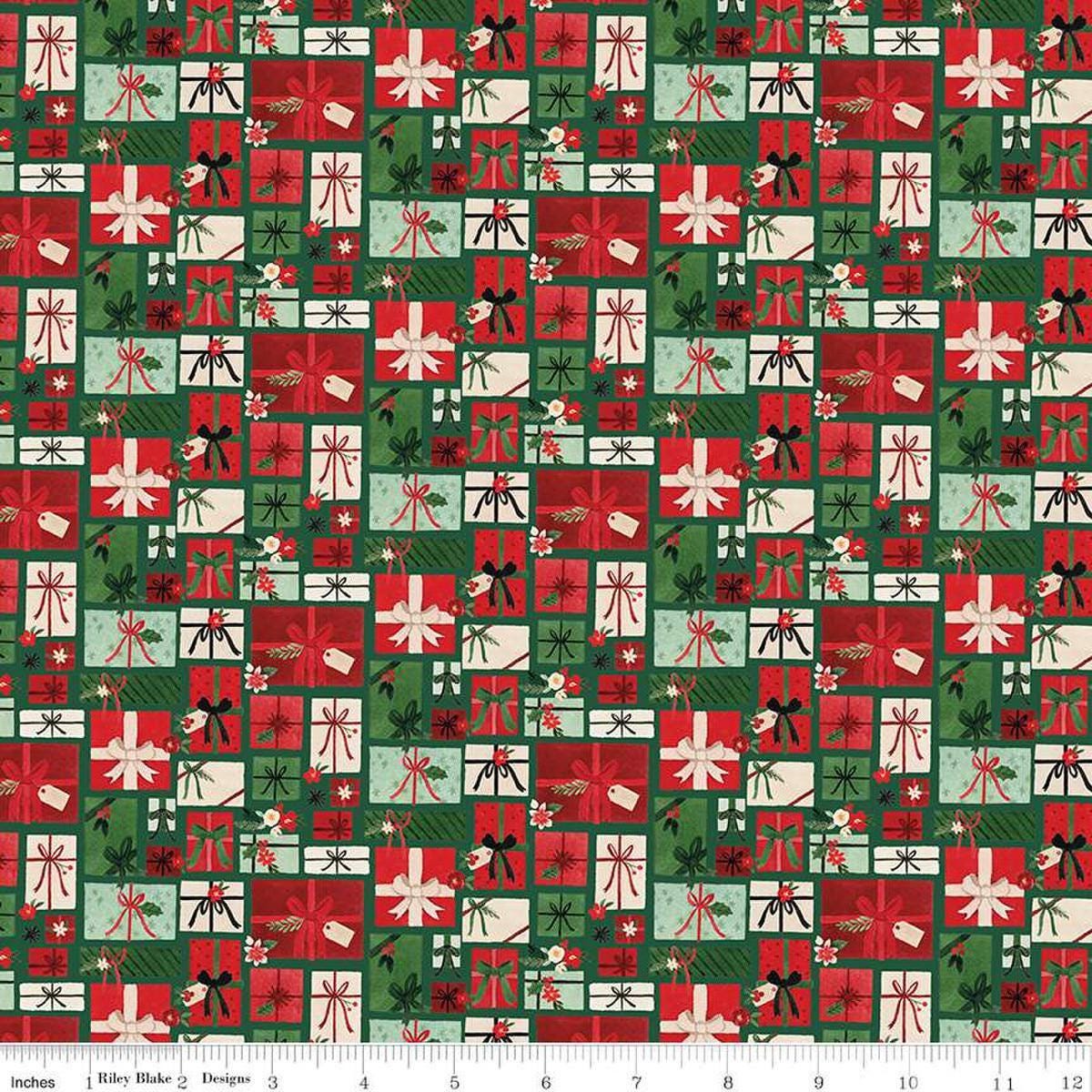 Image of the Charming Christmas Pretty Presents Green quilting cotton fabric by Riley Blake Designs. Features presents on a green background. Cute Little Fabric Shop